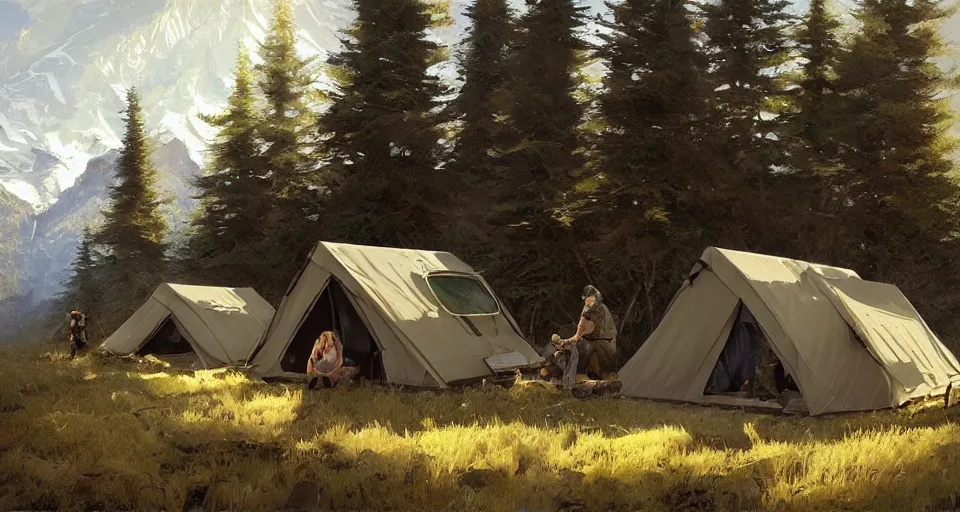 Image similar to cabela's beautiful comfortable carbon framed, modular insulated wall portable container home kit - house all weather family dwelling tent house, person in foreground, mountainous forested wilderness open fields, beautiful views, painterly concept art, environmental concept art, concept art illustration, by james gurney, by craig mullins, by greg rutkowski trending on artstation