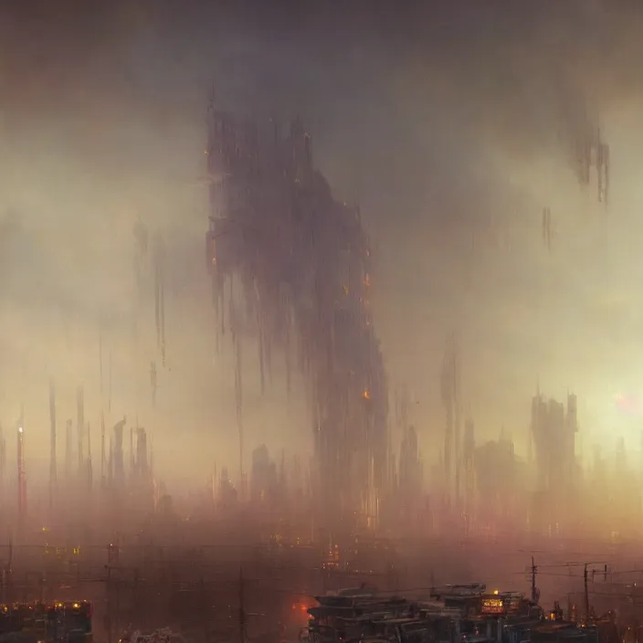 Image similar to a beautiful oil painting of a cyberpunk city on the wasteland by ivan aivazovsky and greg rutkowski and james gurney and frank lloyd and sung choi and monet, in style of impressionnisme. hyper detailed, sharp focus, soft light. unreal engine 5 lumen. ray tracing. trending on artstation. oil on canvas