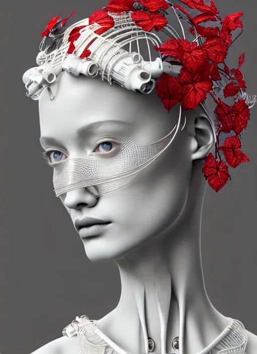 Prompt: complex 3d render ultra detailed of a beautiful porcelain profile young woman face, mechanical cyborg, 200 mm lens, beautiful studio soft light, rim light, silver gold red details, magnolia big leaves and stems, roots, fine foliage lace, mesh wire, Alexander Mcqueen high fashion haute couture, art nouveau fashion embroidered, intricate details, hyper realistic, ultra detailed, mandelbrot fractal, anatomical, facial muscles, cable wires, microchip, elegant, octane render, H.R. Giger style, 8k post-production