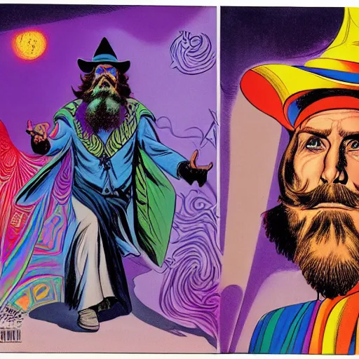 Prompt: a psychedelic wizard with a long beard and a fedora wizard hat, highly detailed comic book art by jack kirby, alex ross, 8 k