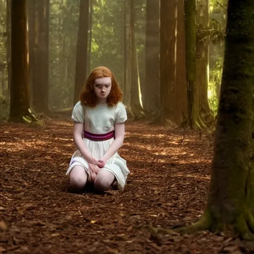 Prompt: Sadie Sink (Maxine Mayfield) from Stranger Things kneeling in a forest looking straight ahead, cinematic, soft realistic lighting, establishment scene, extremely high details, photorealistic, 8k