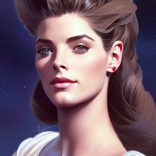 Image similar to A combination of Ashley Greene's and Grace Kelly's faces as a Space Marine, western, D&D, fantasy, intricate, elegant, highly detailed, digital painting, artstation, concept art, matte, sharp focus, illustration, art by Artgerm and Greg Rutkowski and Alphonse Mucha