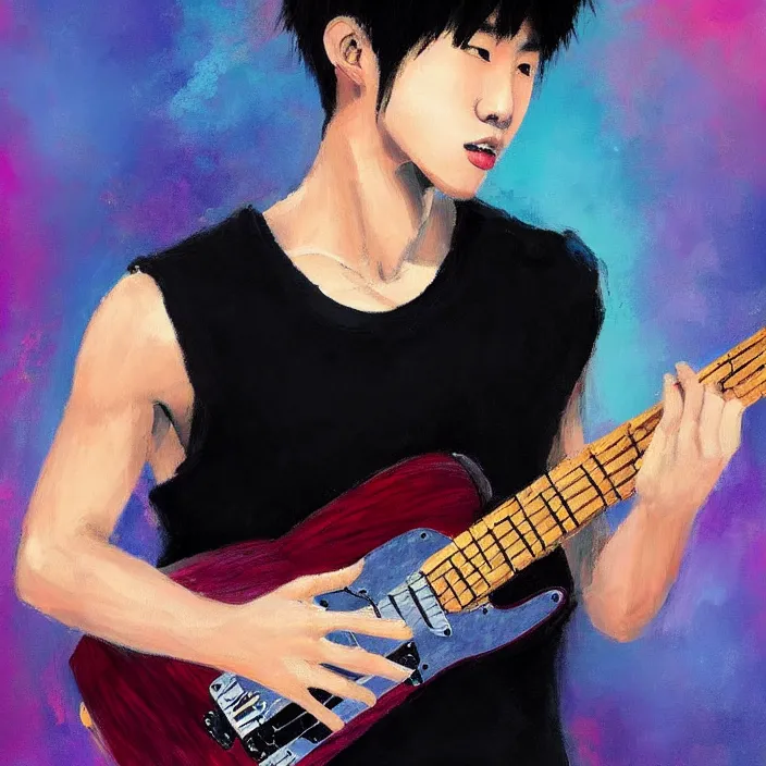 Image similar to a young korean male musician wearing black tank top holding a telecaster!!! electric guitar!! he is made of thick flowing dramatic brush strokes blowing away in strong wind, matte colors, abstract, impressionist, motion, trending on artstation