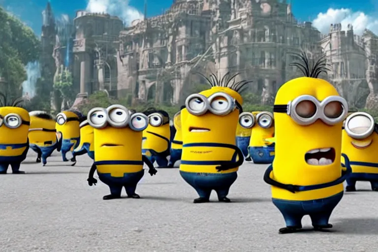 Image similar to donald trump as gru, being followed by minions, movie still