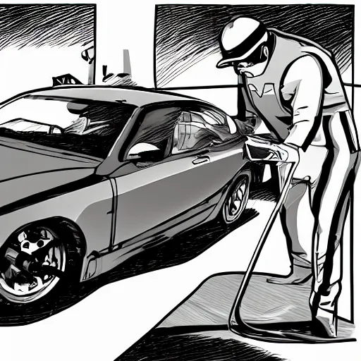 Image similar to formula one mechanic works on car, comic, wide shot, gta style by patrick brown