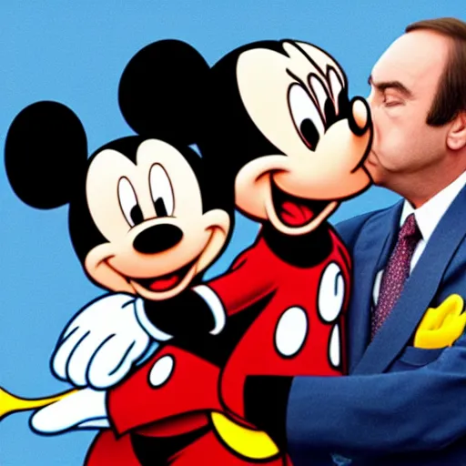 Image similar to Saul Goodman kissing Mickey Mouse