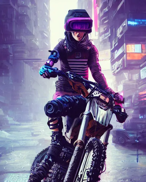 Image similar to cool girl wearing cyberpunk intricate streetwear riding dirt bike, beautiful, detailed portrait, cell shaded, 4 k, concept art, by wlop, ilya kuvshinov, artgerm, krenz cushart, greg rutkowski, pixiv. cinematic dramatic atmosphere, sharp focus, volumetric lighting, cinematic lighting, studio quality