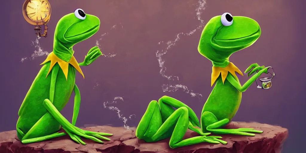 Image similar to digital art, trending on artstation, pin ups of kermit the frog in an underwater steam punk world