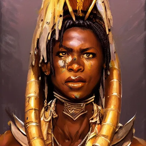 Prompt: African Warrior Priestess with Shining Eyes, by Simon Bisley and Jeff Simpson