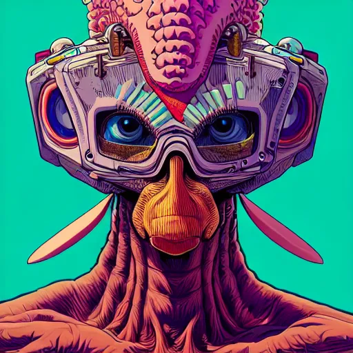 Image similar to portrait painting of a punk chicken - headed cyborg, sharp focus, award - winning, trending on artstation, masterpiece, highly detailed, intricate. art by josan gonzales and moebius and deathburger