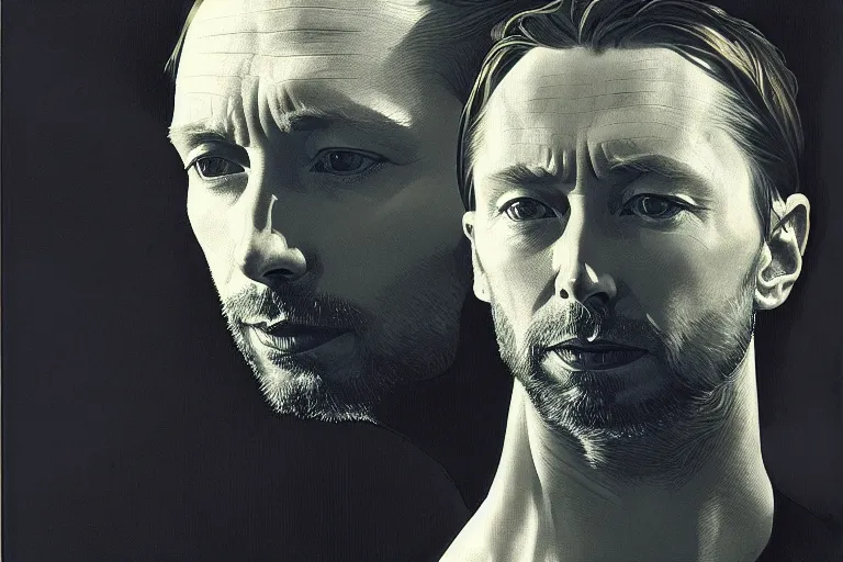 Image similar to hyper realistic portrait of thom yorke singer songwriter, side, flat face, liminal space, by lee bermejo, alphonse mucha and greg rutkowski