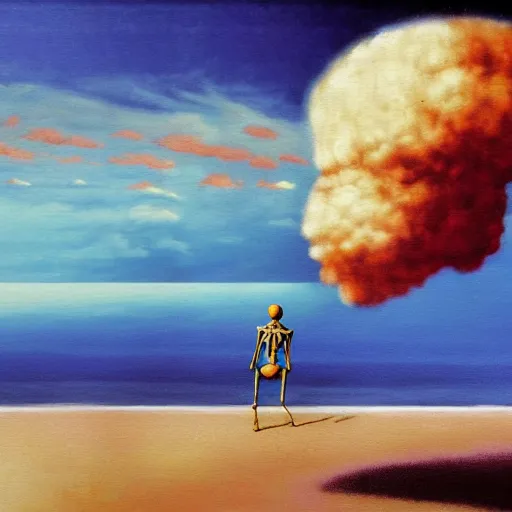 Prompt: a skeleton walking on a beach next to the ocean with nuclear bomb explosion in the background, a naturalism painting by Storm Thorgerson, featured on cg society, matte painting, realistic, chillwave, anatomically correct, light colors, photo-realistic mushroom-cloud in the background