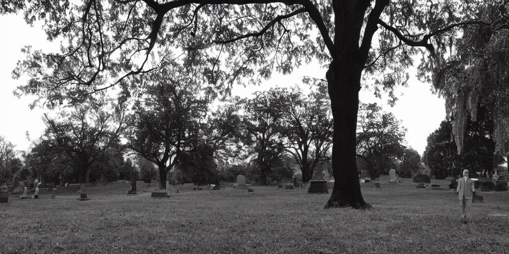 Image similar to Photo of a man in black near a tree in the cemetery looking into the distance