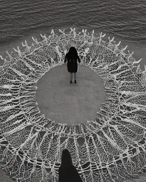 Prompt: a woman standing on a beach, made of intricate decorative lace leaf skeleton, shot from a drone, in the style of the dutch masters and gregory crewdson, dark and moody