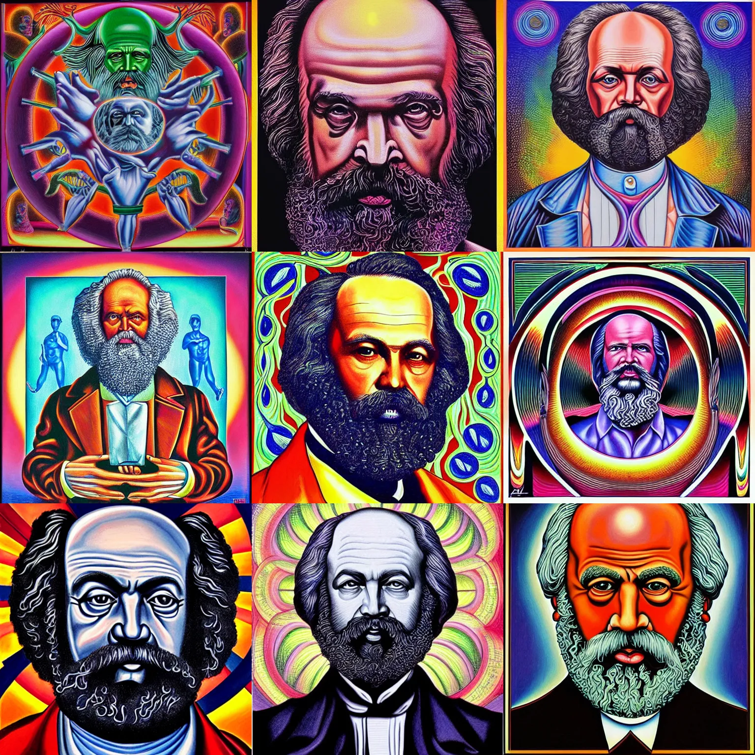 Image similar to karl Marx painting by alex grey in the style of a tool album cover