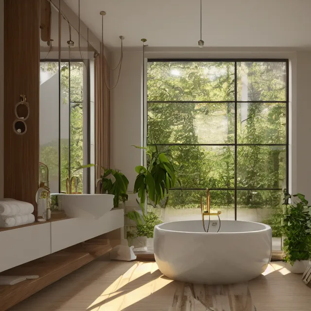 Prompt: post and beam bathroom interior, bathtub with golden faucet, wood cabinets, marble, large window in back with forest view, large potted plant, realistic, unreal engine render, octane render, hyper realistic, photo, 8 k
