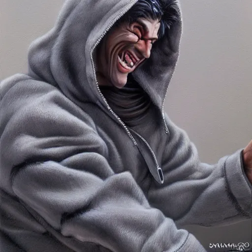 Prompt: wolf with gray hoodie and a big smile, by hajime sorayama