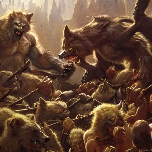 Image similar to a huge 6 - meter werewolf fights an army of orcs, close - up, painting by gaston bussiere, craig mullins, j. c. leyendecker, 4 k, 8 k, trending on artstation, artstationhd, artstationhq, highest detail