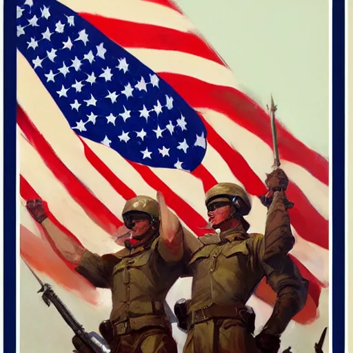 Image similar to greg manchess painting of a propganda poster of a group of soldiers raising the american flag, painting, trending on artstation, by huang guangjian and gil elvgren and sachin teng