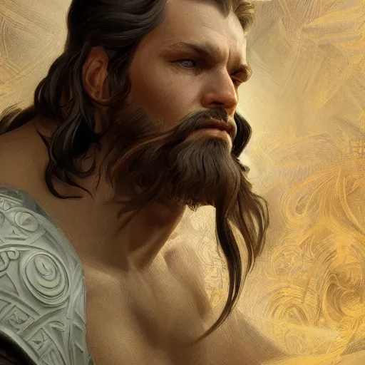 Image similar to portrait of zeus, intricate, elegant, highly detailed, digital painting, artstation, concept art, smooth, sharp focus, illustration, art by artgerm and greg rutkowski and alphonse mucha