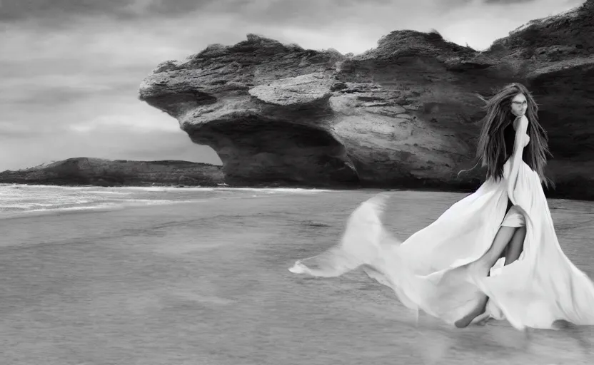 Prompt: an editorial in Vogue of a female model riding a hore along a beautiful beach, long hair and floating dress in the wind, by Peter Lindberg, etheral, dramatic, 8k, ultra detailed digital art