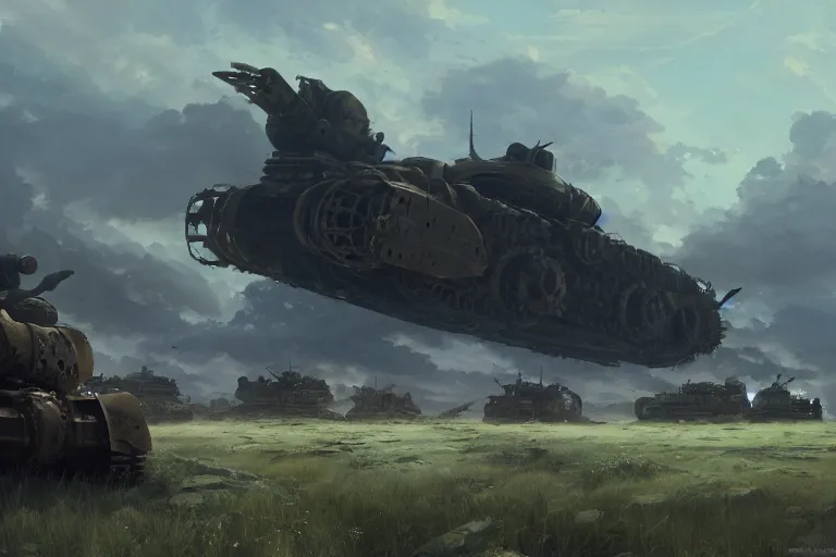 Image similar to concept art of ruined dieselpunk orcish tanks in an open field, key visual, ambient lighting, highly detailed, digital painting, artstation, concept art, sharp focus, by makoto shinkai and akihiko yoshida and hidari and wlop