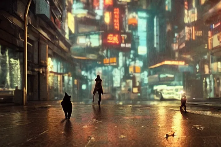 Prompt: futuristic VFX movie of a cat walking through a cyberpunk city rainy night natural lighting by Emmanuel Lubezki