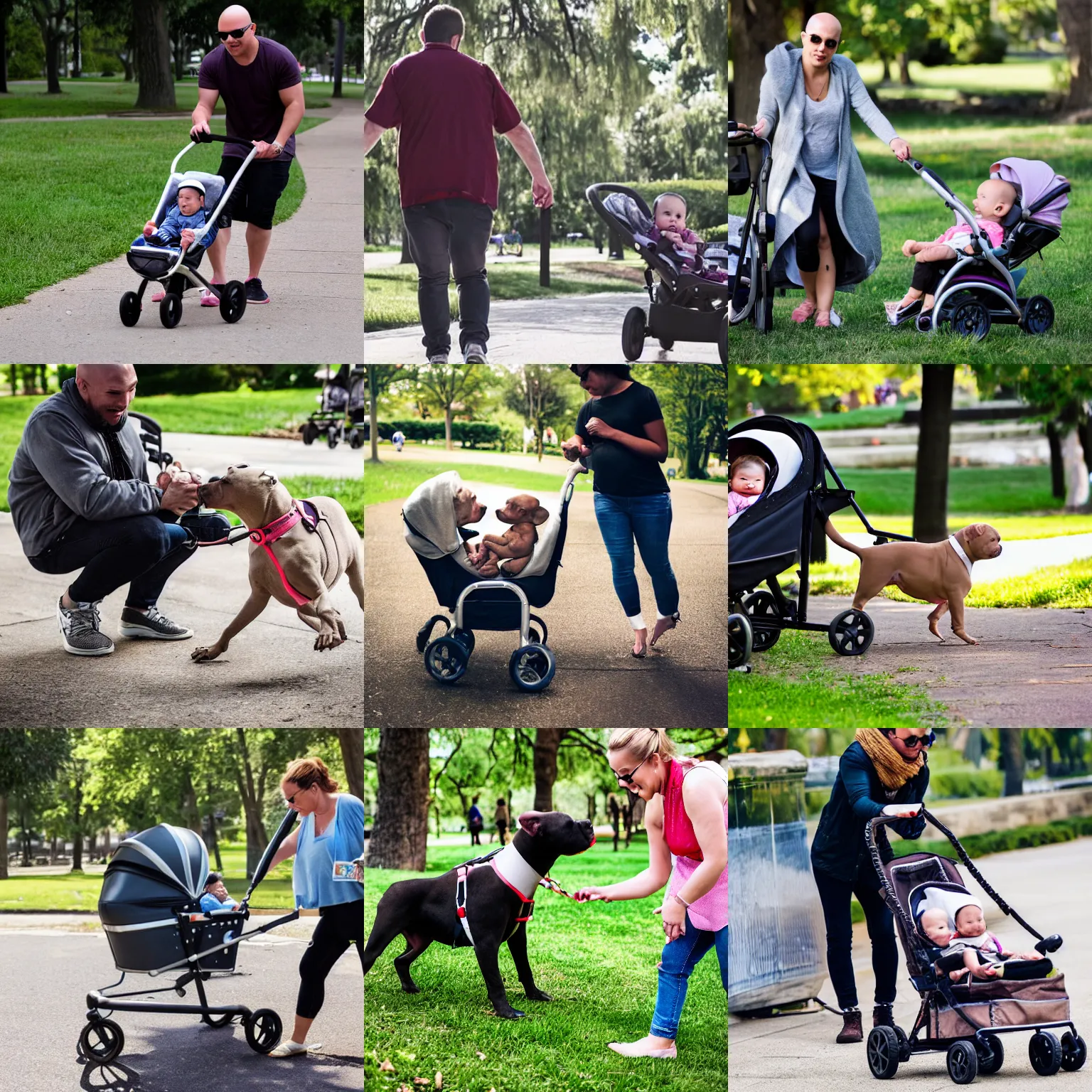 Prompt: pit bull pushing a baby in a stroller in a park