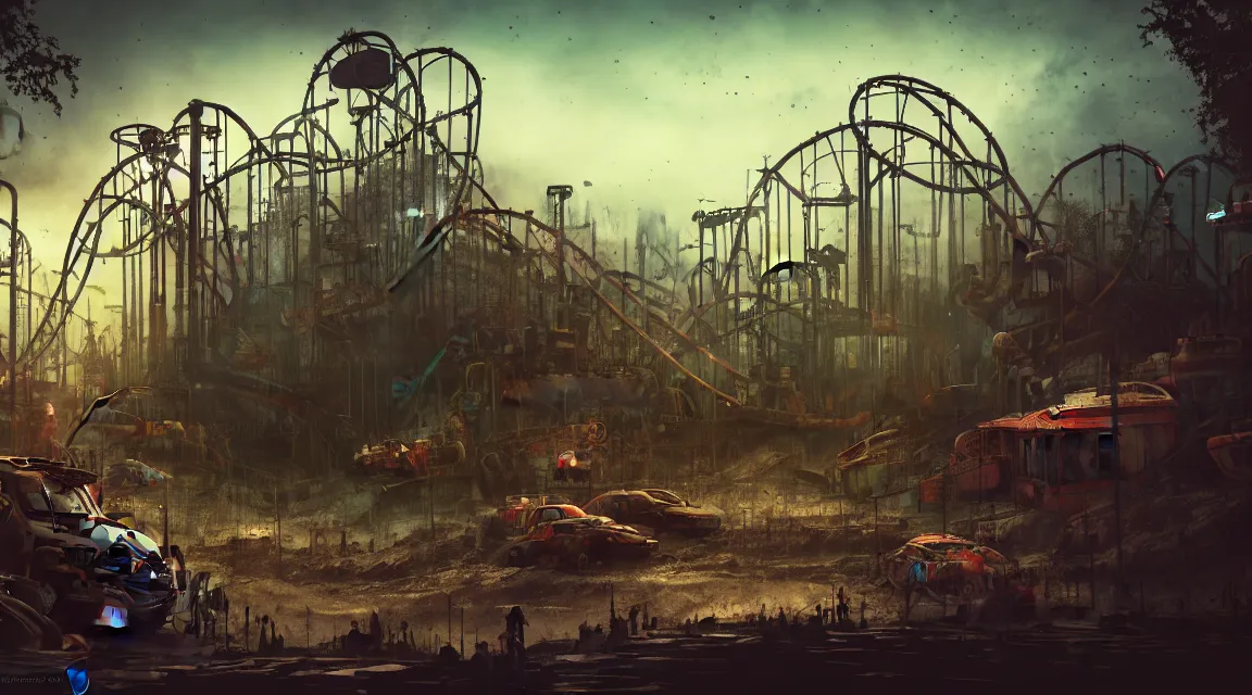 Image similar to post apocalyptic theme park park, by pascal blanche, neil blevins, apocalyptic color palette, trending on artstation, photorealistic, wilderness ambiance, ultra detailed, high definition, depth of field, bokeh, rubble,