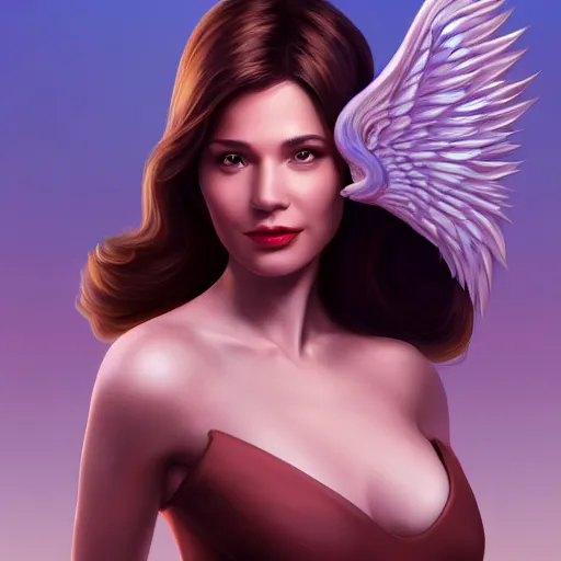 Image similar to 3 / 4 view of a portrait of a pretty woman with wings with wings, confident pose, digital painting, artstation, concept art, smooth, sharp focus, illustration, trending on artstation, highly detailed, concept art, mike esposito comics mickey demeo, trending on artstation, imax 7 0 mm, h 6 4 0