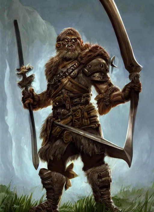 Image similar to strong young man, photorealistic bugbear ranger holding aflaming sword, black beard, dungeons and dragons, pathfinder, roleplaying game art, hunters gear, jeweled ornate leather and steel armour, concept art, character design on white background, by alan lee, norman rockwell, makoto shinkai, kim jung giu, poster art, game art