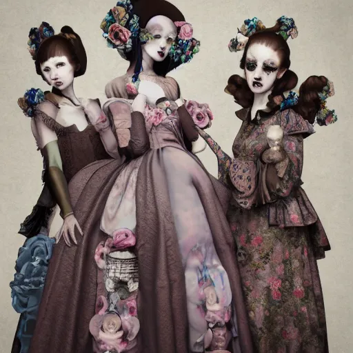 Image similar to 8k, realism, octane render, renaissance, rococo, baroque, group of creepy young ladies wearing long harajuku manga dress with flowers and skulls, background chaotic flowers