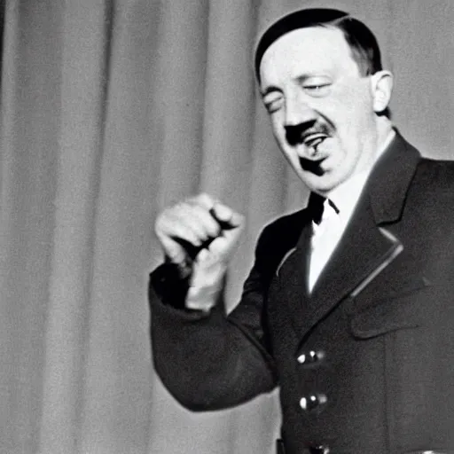 Prompt: A still of Hitler performing in a 1970s music video