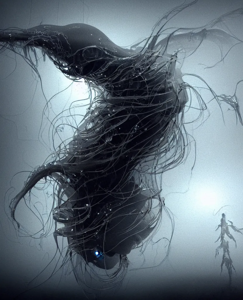 Image similar to The Fog (John Carpenter), epic angle and pose, symmetrical artwork, 3d with depth of field, blurred background, cybernetic jellyfish female face skull phoenix bird, translucent, nautilus, energy flows of water and fire. a highly detailed epic cinematic concept art CG render. made in Maya, Blender and Photoshop, octane render, excellent composition, cinematic dystopian brutalist atmosphere, dynamic dramatic cinematic lighting, aesthetic, very inspirational, arthouse. y Greg Rutkowski, Ilya Kuvshinov, WLOP, Stanley Artgerm Lau, Ruan Jia and Fenghua Zhong