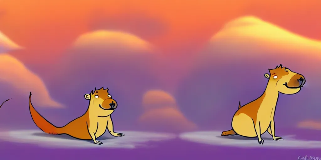 Image similar to cartoon concept art, capybara character, spiral clouds, from lorax movie