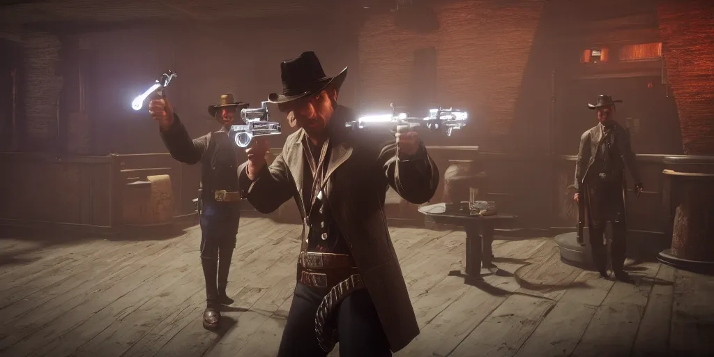 Prompt: a futuristic cowboy holding a glowing revolver to his enemies in a wild western bar, red dead redemption 2, trending on artstation, digital art, award winning, cinematic lightning, ray tracing, 8k, Highly Detailed