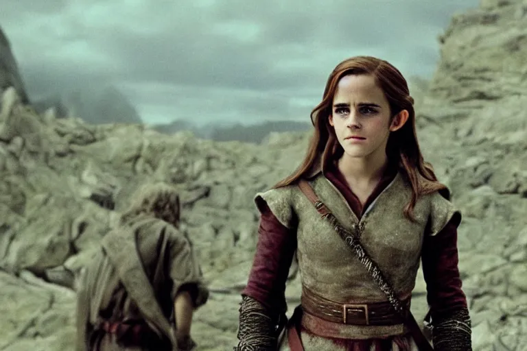 Image similar to emma watson plays an elf in the lord of the rings return of the king, highly detailed, cinematic lighting, 4 k, arricam studio 3 5 mm film camera, kodak 5 2 7 9 ( tungsten - balanced ) film stock