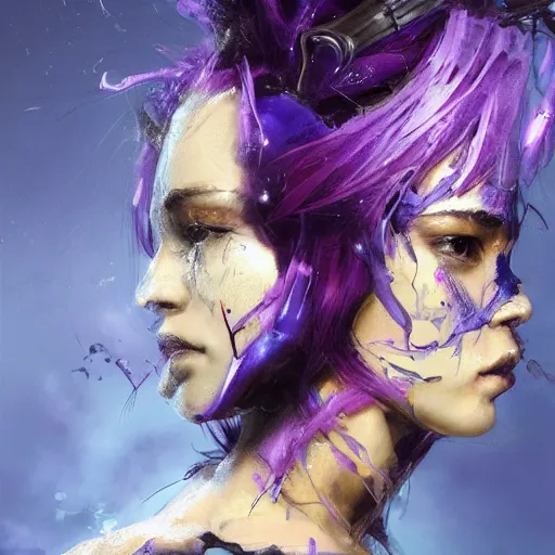 Prompt: extreme close up facial portrait of a beautiful woman with purple hair in sci - fi armor, glowing pupils, stoic, powerful, by benedick bana and artur bordalo and tom bagshaw and craig davison and guy denning and harumi hironaka, trending on artstation hq, deviantart, pinterest, 4 k uhd image