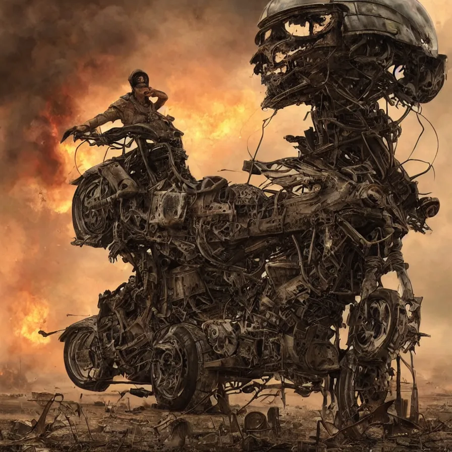 Image similar to post apocalyptic, biker with helmet in front of crashed airplane burning, photorealistic, ultra realistic, concept art, intricate details, photorealistic, octane render, 8 k, unreal engine. retro film still, heavy grain, 3 5 mm, art by artgerm and greg rutkowski and alphonse mucha