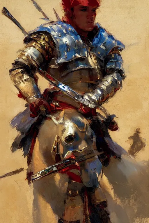 Image similar to close - up portrait of colorful rider holding jousting lance, caparisons, chainmail, by greg manchess, bernie fuchs, ruan jia, walter everett