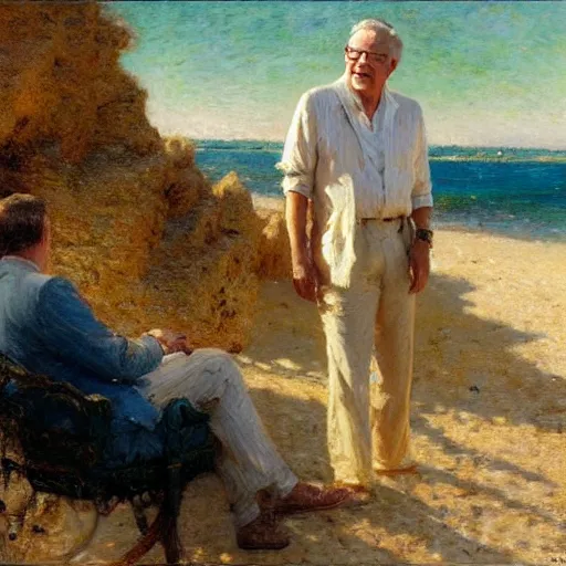 Prompt: detailed cinematic shot of warren buffet with white clothes in the mediterranean beach, spring light, painting by gaston bussiere, craig mullins, j. c. leyendecker