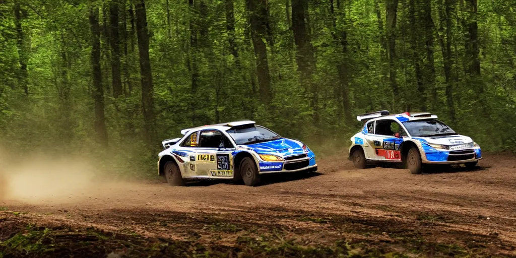 Prompt: 3 rally cars racing through a forest with a river behind them, sun shining through the trees, motion blur high detail ultra realistic 8k