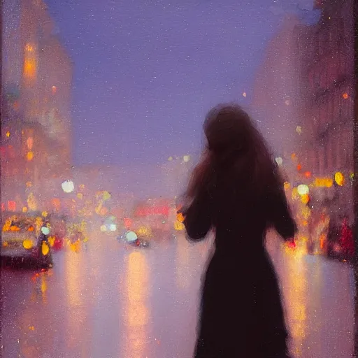 Prompt: detailed portrait of a woman in the city street at night, bokeh, long exposure, painting by jeremy lipking