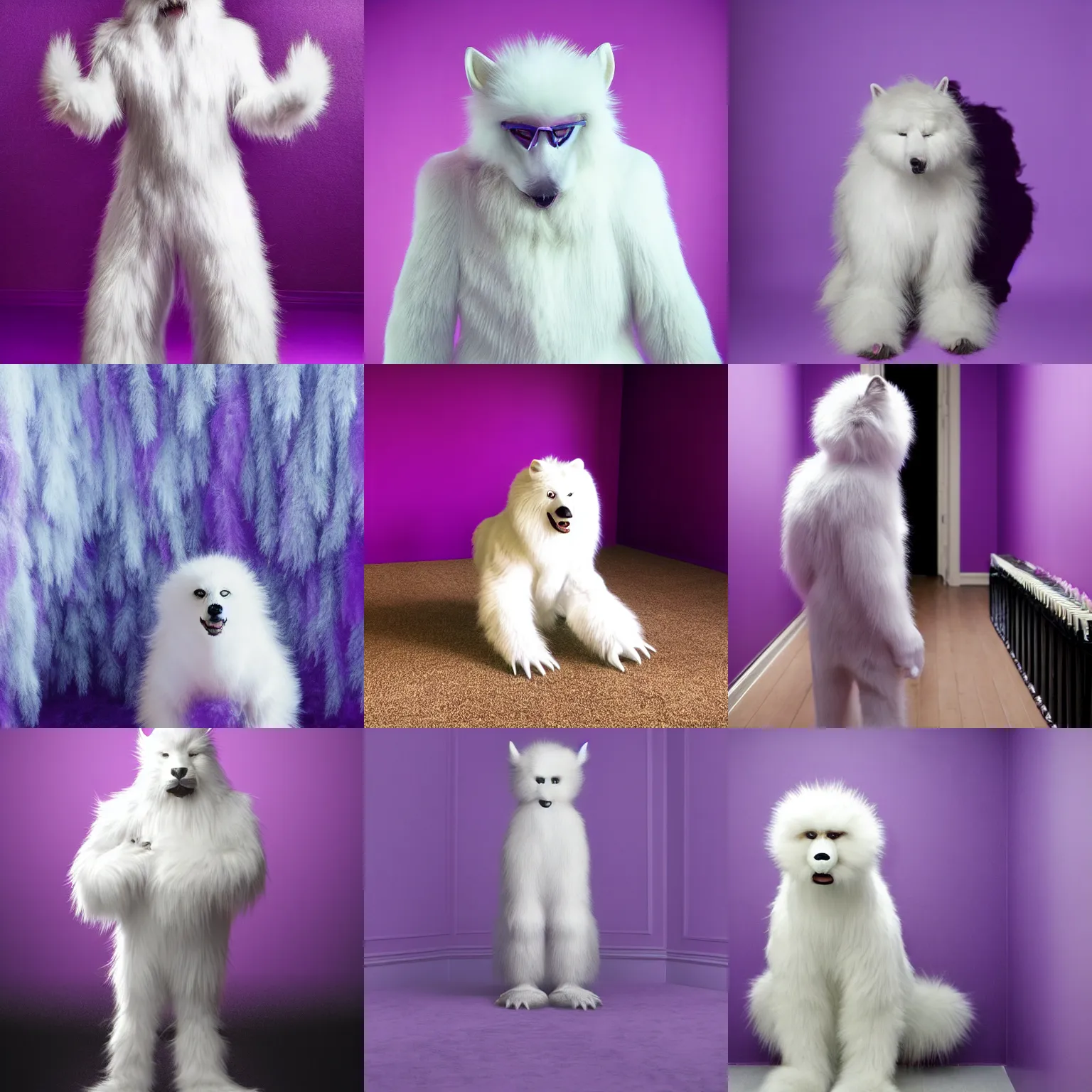 Image similar to A photo of a white fur monster standing in a purple room