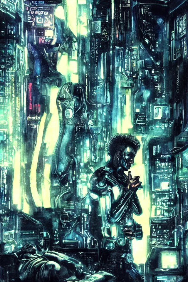 Image similar to artwork by Ridley Scott showing a android dreaming about electric sheep, cyberpunk, Blade Runner