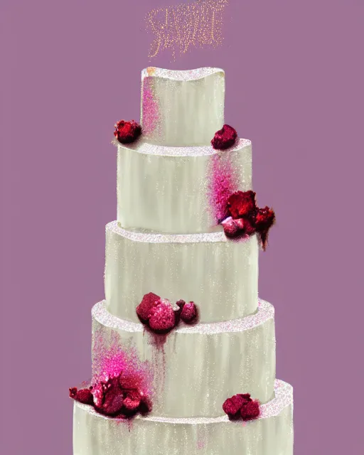 Prompt: elegant dolomite raspberry wedding cake dripping fondant, stylized, sparkling, glitter, gilding, ornate, sylvain sarrailh, artstation