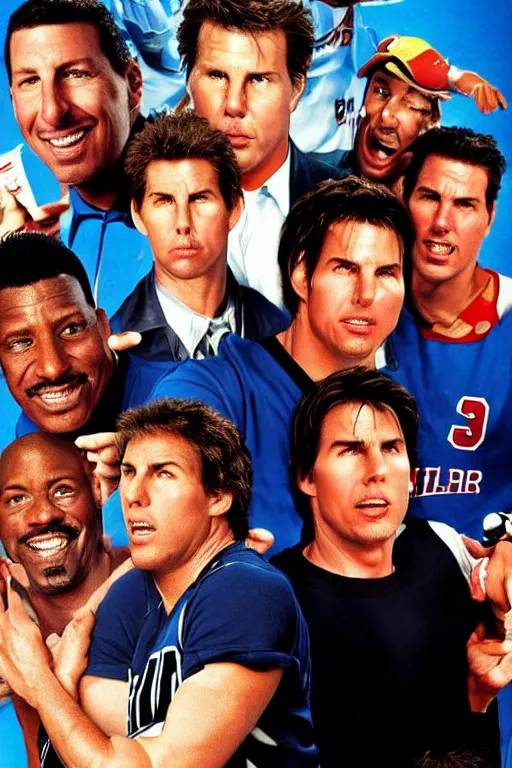 Image similar to 2000s comedy movie poster featuring Michael Jordan, Adam Sandler, Will Ferrell and Tom Cruise, imdb top 5 movies, trending on letterboxd, high detail, realistic, 8k resolution