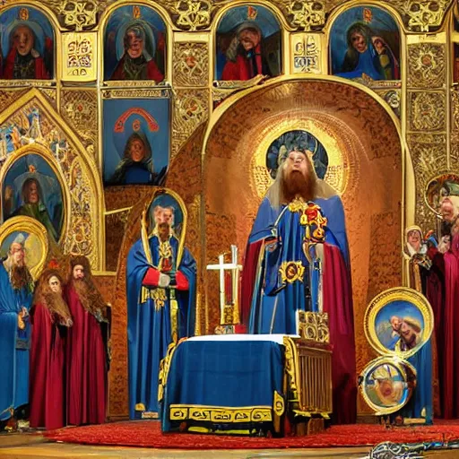 Image similar to space marine baptism service at a russian orthodox church high quality photo