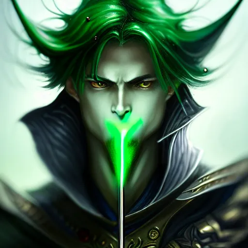 Image similar to a man with dark green hair, green glowing eyes what look like a clock, high detail clothing, fantasy, elegant, highly detailed, digital painting, artstation, concept art, smooth, sharp focus, illustration, artbook, dynamic pose, splash art, promo art, soul calibur, art by artgerm and greg rutkowski and bo chen and jin xiaodi