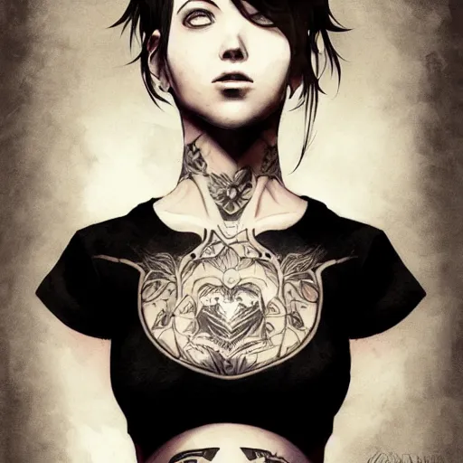 Image similar to enchanting bar maid, tattoos, black t - shirt, black skirt, detailed portrait, intricate complexity, by greg rutkowski, artgerm, ross tran, conrad roset, takato yomamoto, ilya kuvshinov. 4 k, beautiful, cinematic dramatic atmosphere